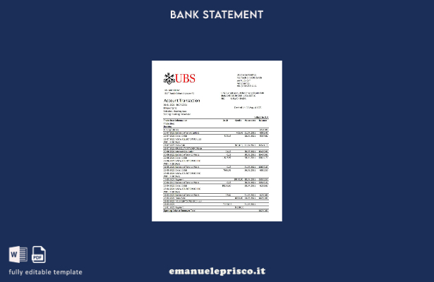 modello Excel di estratto conto bancario UBS svizzero in stile verificato
